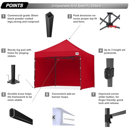 ABCCANOPY Heavy Duty Easy Pop up Canopy Tent with Sidewalls 10x10, Red