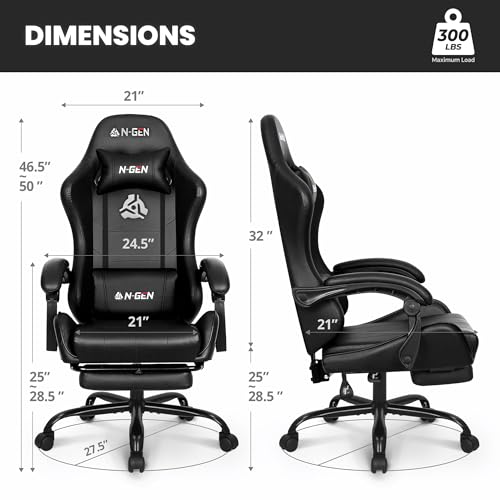 N-GEN GAMING Video Gaming Chair with Footrest Lumbar Support for Home Office High Back Recliner Height Adjustable Ergonomi...