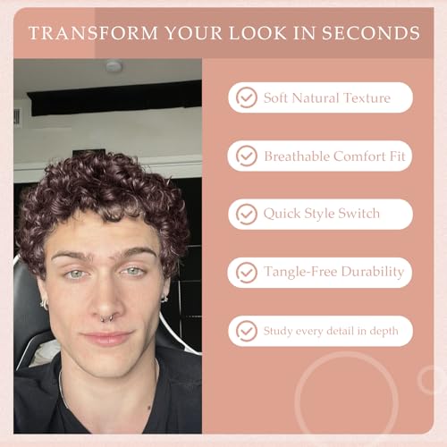 Men's Full Head Wig with Real Hair, Curly Wig, Short Curly Hair, Fluffy and Realistic Curly Strands, Thin Skin, Daily and Party Men's Wig (dark brown)