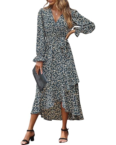 BTFBM Womens Dresses Spring Clothes 2026 V Neck Floral High Waist Ruffle Wedding Guest Cocktail Boho Long Sleeve Dress