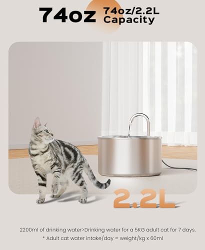 Cat Water Fountain Stainless Steel + 6 Filters + 3 Sponges - Pet Water Fountain 24/7 Keep The Water Fresh 74oz Capacity Ul...
