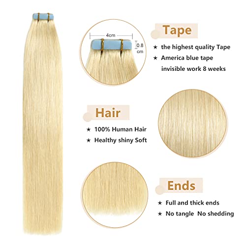 YILITE Tape in Hair Extensions Human Hair 24 inches 20pcs 50g Silky Straight Tape in Human Hair Extensions #613 Bleach Blonde(24Inch 613)