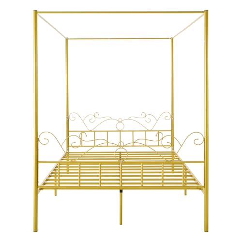 VEVOR Queen Size Canopy Bed Frame, Metal Canopy Bed with Minimalist Headboard & Four Posters Design, Heavy Duty Steel Slats Support, Underbed Storage Space, No Box Spring Needed, Easy Assembly, Gold