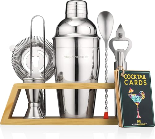 Cocktail Shaker Set Bartender Kit with Bamboo Stand – Professional Martini Shaker, Premium Stainless Steel Shaker Bottle, ...