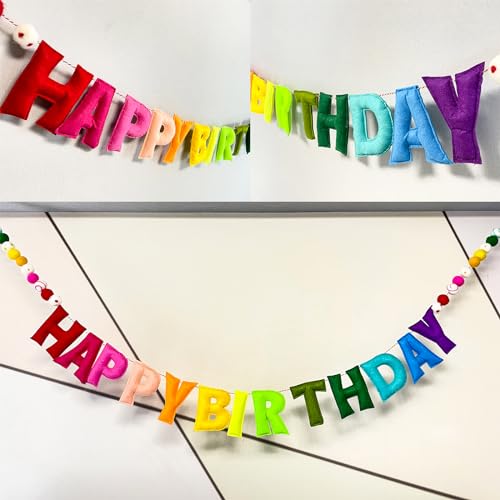 Pre-Strung Happy Birthday Banner - Felt Ball Garland - Reusable HAPPY BIRTHDAY Garland, Rainbow Party Decorations, Persona...