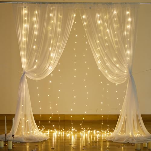 10FT x 7FT White Sheer Curtains with Lights String Tulle Curtain for Living Room Bedroom Parites Wedding Birthday Decorati...
