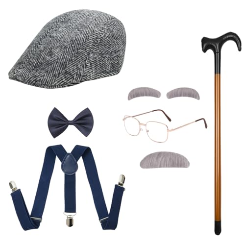 Old Man Costume Grandpa Accessories Set with Old Man Glasses Suspenders Bow Tie Cane Hat