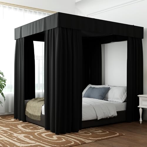Hvqic Black Canopy Bed Drapes - 4 Corner Post Canopy King Bed Curtain Lightproof Drapes Bed Canopy for Adults & Girls Bedr...