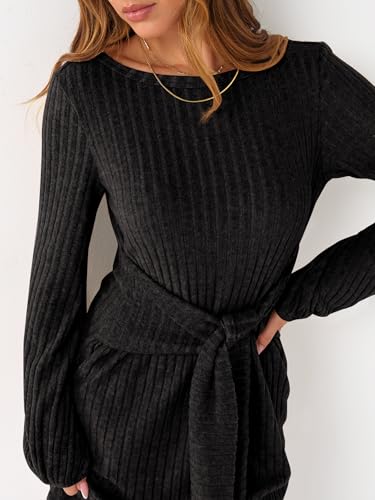 ANRABESS Womens 2026 Fall Dress Long Lantern Sleeve Ribbed Knit Casual Tie Waist Lightweight Mini Sweater Dress