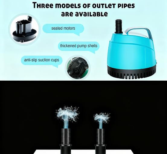 WUCIOOO 210GPH Ultra Quiet Bottom Suction Submersible Water Pump (780L/H, 15W) with 2 Nozzles,5.6ft High Head,Suitable for...