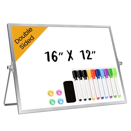 Lumspax Desktop Whiteboard with Stand, 16" x 12" Double-Sided Dry Erase Board with Stand, Portable Stand White Board for O...