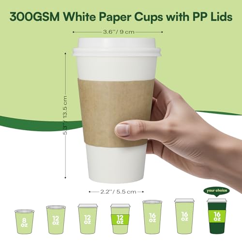 Paper Coffee Cups with Lids & Sleeves 16 oz Hot Cups, 20 Pack To Go Cups with Lids & Sleeves, BPA Free Unbleached Thickene...
