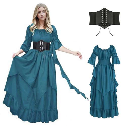 Renaissance Dress Women Gothic Witch Dress Medieval Ruffle Victorian High Low Dress Costume Set with Corset Belt