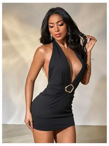MakeMeChic Women's Halter Open Back Mini Dress Y2K Deep V Neck Party Dresses