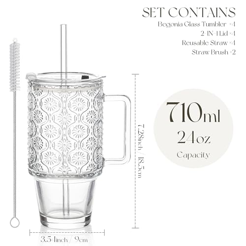 KEMORELA 4-Pack 24 Oz Glass Tumblers with Straws and Lids, Iced Coffee Cups with Begonia Floral Pattern, Smoothie Cups wit...