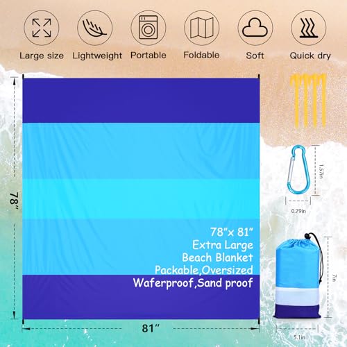 Beach Blanket Waterproof Sandproof Oversized Lightweight 78''×81'' 1-5 Adults Blanket Beach Large Picnic Mat for Travel Ca...