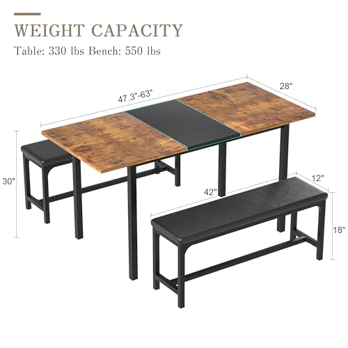 VECELO 3-Piece 63" Extendable Kitchen Table with Benches/Chairs, Modern Breakfast Dinette/Dining Room Set for 4/6/2, Small...