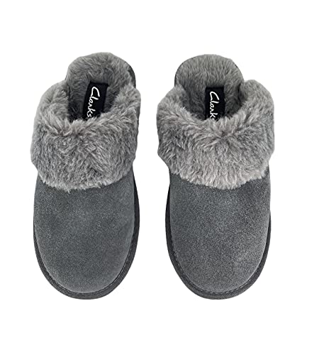 Clarks Womens Open Back Suede Leather Comfort Clog Slipper JMS0583C - Plush Faux Fur Trim - Indoor Outdoor House Slippers ...