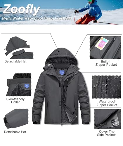 Zoofly Men's Mountain Ski Jacket Waterproof Fleece Liner Snow Coat Warm Winter Windproof Hooded Raincoat