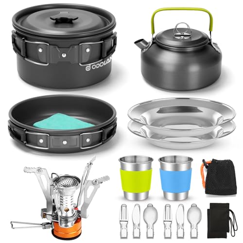 Odoland 16pcs Camping Cookware Set with Folding Camping Stove, Non-Stick Lightweight Pot Pan Kettle Set with Stainless Ste...