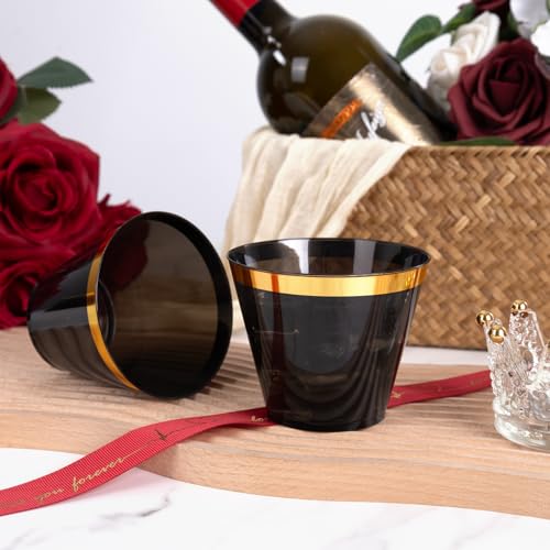 supernal 200 Pcs Gold and Black Plastic Cups-9oz Heavy Duty Plastic Cups,Gold Rimmed Disposable Cups,Disposable Wine Glass...