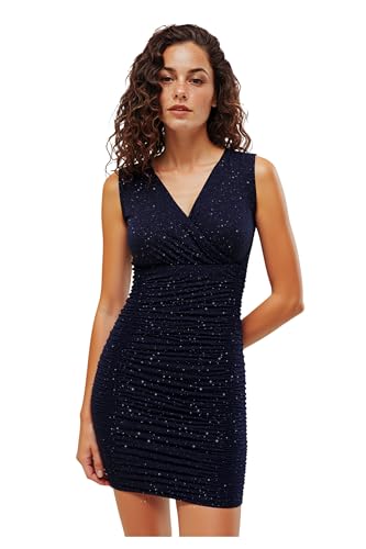 Darupo Women’s Sequin Sleeveless V Neck Short Dress Elegant Glitter Bodycon Ruched Party Cocktail Mini Dress