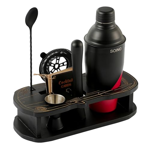 Cocktail Shaker Set with Unique Car-Shaped Wooden Stand,Bartender Kit with 24oz Shaker,Jigger,Muddler,Mixing Spoon,Straine...
