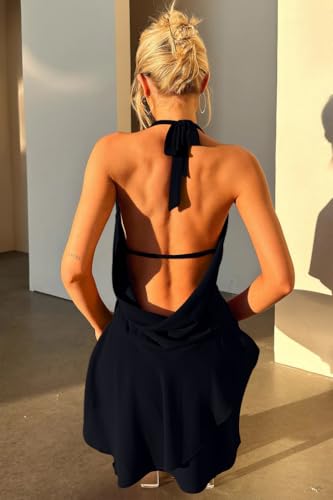 GOKATOSAU Women's Sexy Halter Plunge V Cowl Neck Low Open Back Irregular Ruffle Hem Mini Dress