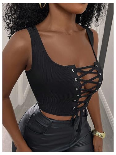 SOLY HUX Women's Lace Up Crop Tank Tops Sleeveless Scoop Neck Ribbed Slim Fit Going Out Shirts