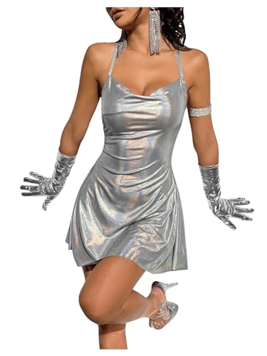 WDIRARA Women's Metallic Criss Cross Backless Cowl Neck Flare Sexy Party Mini Dress