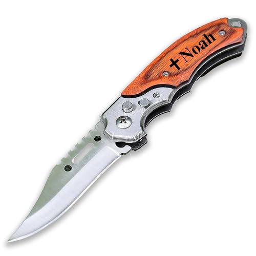 Custom Pocket Knife for Men | Laser Engraved Wood Handle Knife for Camping Hunting with Sheath | Groomsmen Folding Blade |...