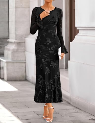 ZESICA Women's 2026 Bell Long Sleeve Floral Maxi Dress Spring Fashion Bodycon Mesh Wedding Guest Cocktail Party Dresses