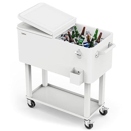 VINGLI 80 Quart Rolling Ice Chest, Portable Patio Party Bar Drink Cooler Cart, with Shelf, Beverage Pool with Bottle Opener