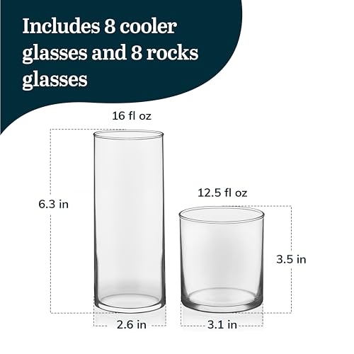 Libbey Miles Tumbler and Rocks Bar Drinkware Glasses Set, Clear All-Purpose 16 Piece Glassware Set, Sleek Glass Drinking C...