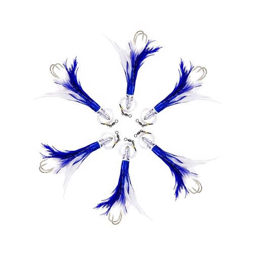 6” Sanhu Tackle Premium Tuna Feathers, 6 Pcs Blue/White Rigged, Saltwater Fishing Lures for Trolling