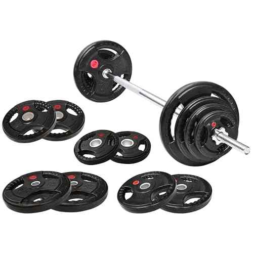 Fitvids Barbell Weight Set, Cast Iron 1" Standard Weight Plates Including 5FT Standard Barbell Bar & Star Locks, 95 Pounds Set (85 Lbs Plates + 10 Lbs Barbell Bar), Multiple Packages