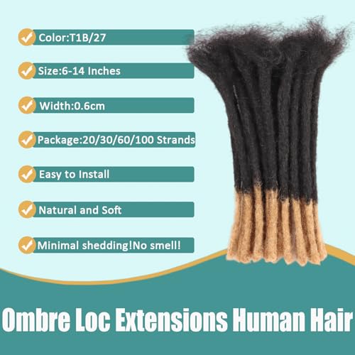 Viovian 0.6cm Dreadlock Extensions Human Hair 8 Inch 60 Strands Ombre Dread Extensions Human Hair Locs Extensions for Men Dreads Extensions Color 1b/27