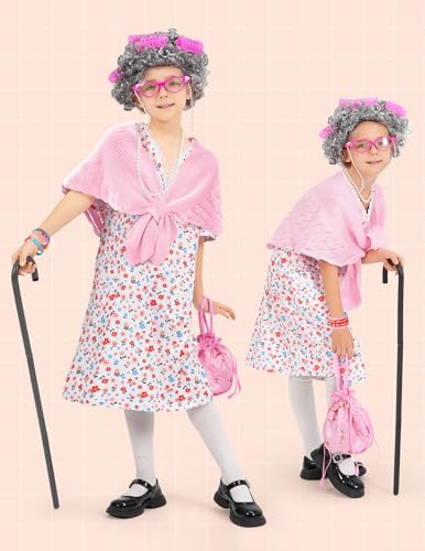 WooWee Kids Girl 100 Days of School Costume, Old Lady Costume for Kids, Halloween Cosplay Dress Up