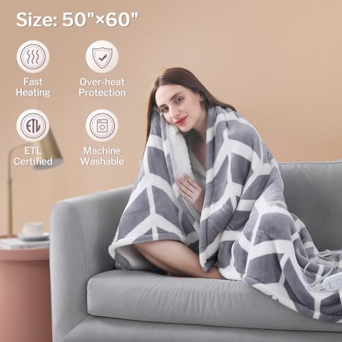 VENTIMI Electric Blanket Heated Throw, 50" x 60" Heated Blanket with 5 Heat Levels & 3 Hours Auto Off, Fast Heating Blanke...