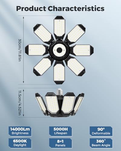 Adiding LED Garage Ceiling Lights 2 Pack w/ 8+1 Adjustable Panel, Super Bright 28000LM Deformable Basement Light Bulb Fixt...