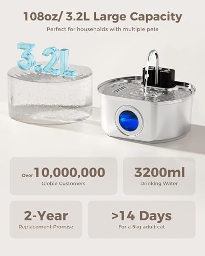 Cat Water Fountain Stainless Steel - Wireless 3.2 L/108 oz Battery Operated Automatic Pet Drinking Fountain for Cats - Cor...
