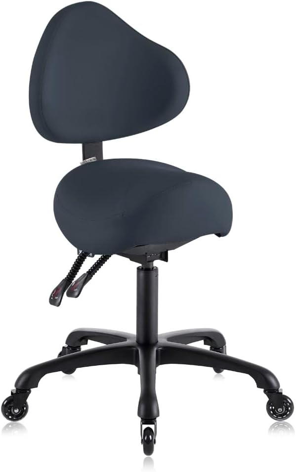 Pneumatic Swivel Rolling Saddle Stool with Wheels and Back Support for Hair Stylist, Hygienic Clinic Spa Massage, Home, Office - 510 KOA (Queen Blue, Standard)