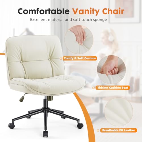 Sweetcrispy Criss Cross Chair with Wheels, Wide Seat PU Leather Armless Office Desk Vanity Chair, Comfortable Adjustable S...