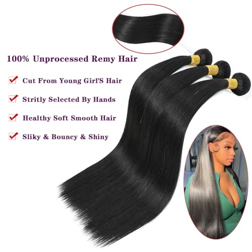 Straight Bundles Human Hair 30 inch 100% Unprocessed Brazilian Straight Hair Bundles 12A Remy Virgin Retain the Intact Cuticle, Long Lifespan
