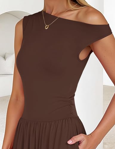 ZESICA Women's Summer 2026 Sleeveless Maxi Dress One Shoulder Casual Slim Swing Pleated Formal Dresses with Pockets