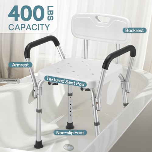 TABEKE Shower Chair for Inside Shower, Heavy Duty Shower Chair with Backrest & Padded Armrest, Height Adjustable Shower Be...