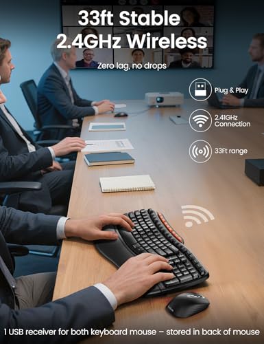 Ergonomic Wireless Keyboard and Mouse Combo, 2.4G Full Size Wave Key Board with Cushioned Palm Rest, Natural Typing, 3 DPI...