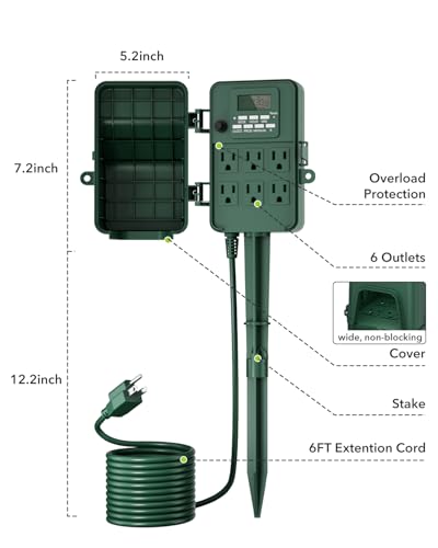 BN-LINK Outdoor Power Stake, 7-Day Programmable Digital Timer, 6 Outlets, 6FT Extension Cord, Waterproof Perfect for Chris...