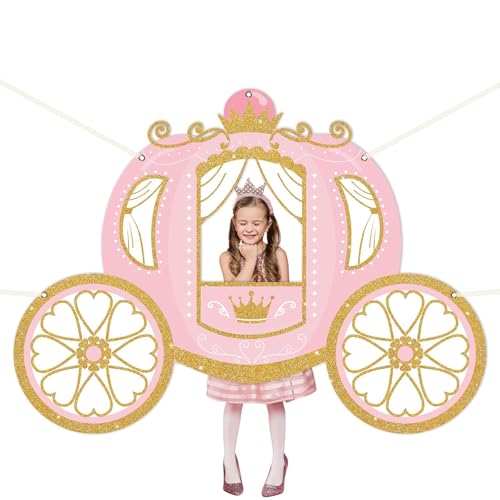 Princess Birthday Party Decorations Princess Carriage Photo Booth Props 63 x 46 in Fabric Backdrop Pink and Gold Door Bann...
