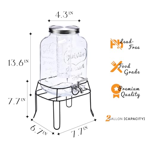 2 Gallon Glass Drink Dispenser For Parties,Beverage Dispenser with Stand,Lemonade Dispenser with 304 Stainless Steel Spigo...